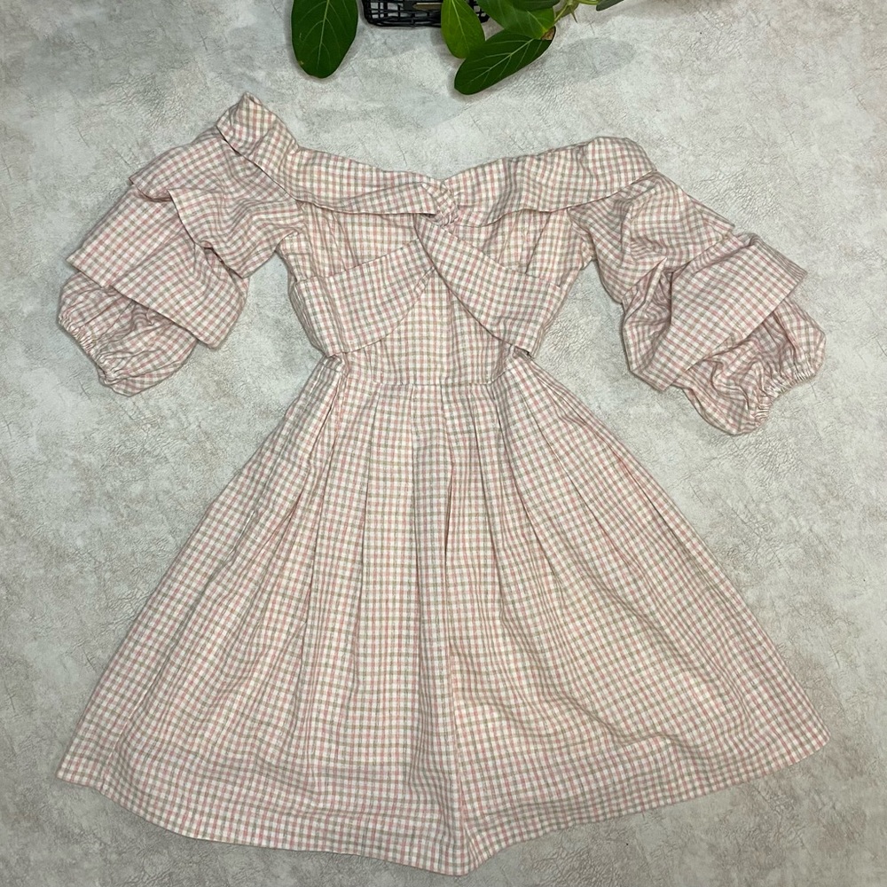 Chriselle Lim x JOA Pink Gingham Puff Sleeve Off Shoulder Knee Length Dress M